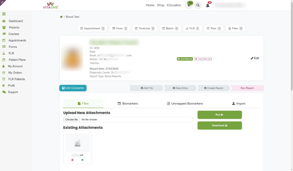 VitaOne practitioner portal - FLR run for a patient