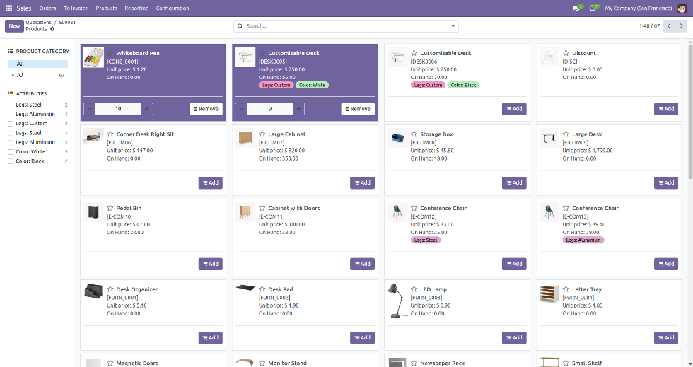 Add product using odoo catalog feature
