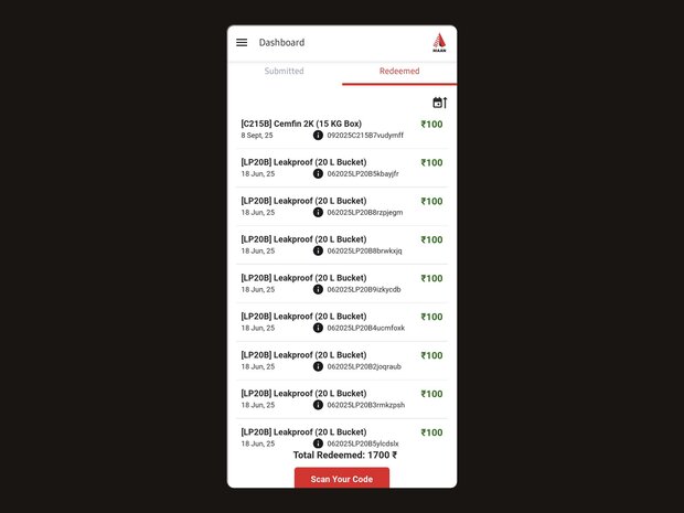 MAAN, Cemseal's field-loyalty app - redeemed token ledger screen, built by Entrivis on Odoo