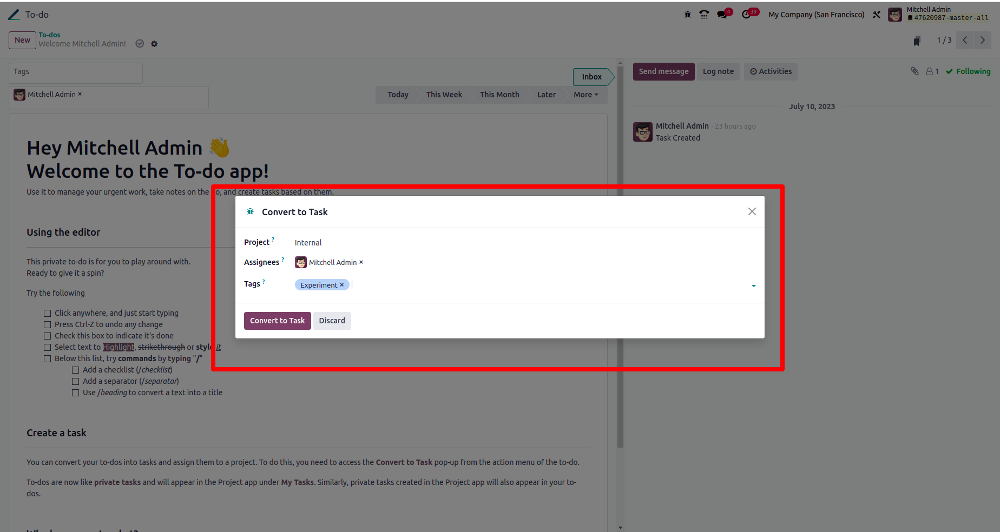 Odoo 17 Convert Todo into task